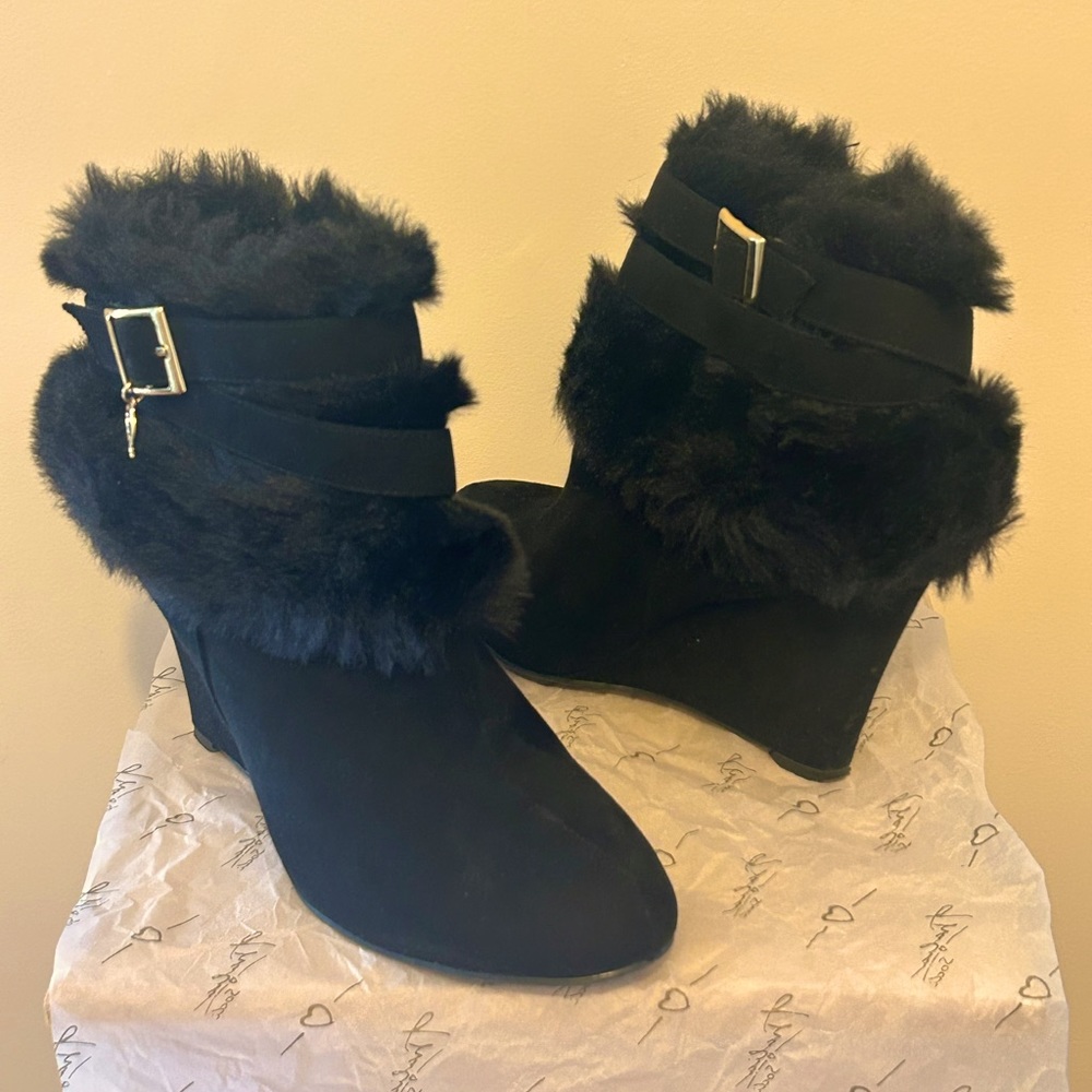 Faux-Fur-Trim Wedge Ankle Booties by Thalia Sodi